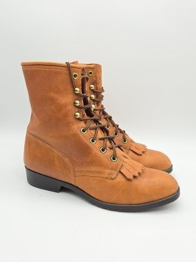 Laredo Vintage Cognac Leather Kiltie Fringe Roper Lace Up Boots